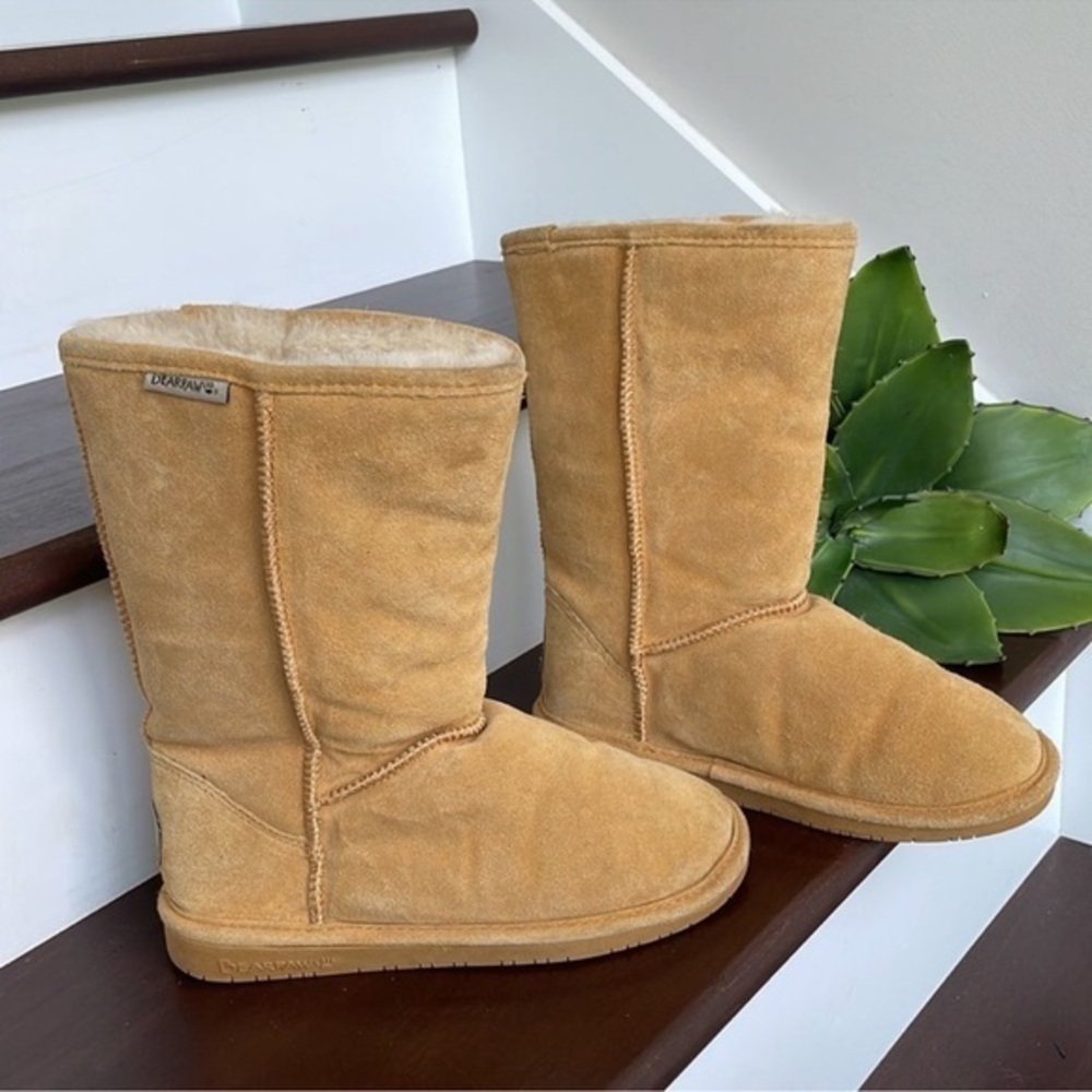 Bear Paw tall tan leather boots, sheepskin, women's size 8